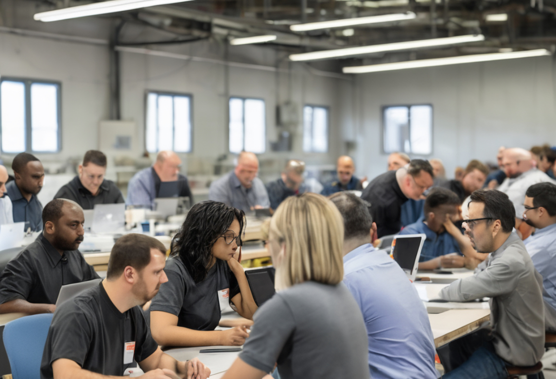 Schulung Und Arbeit Am Tablet Arbeiter